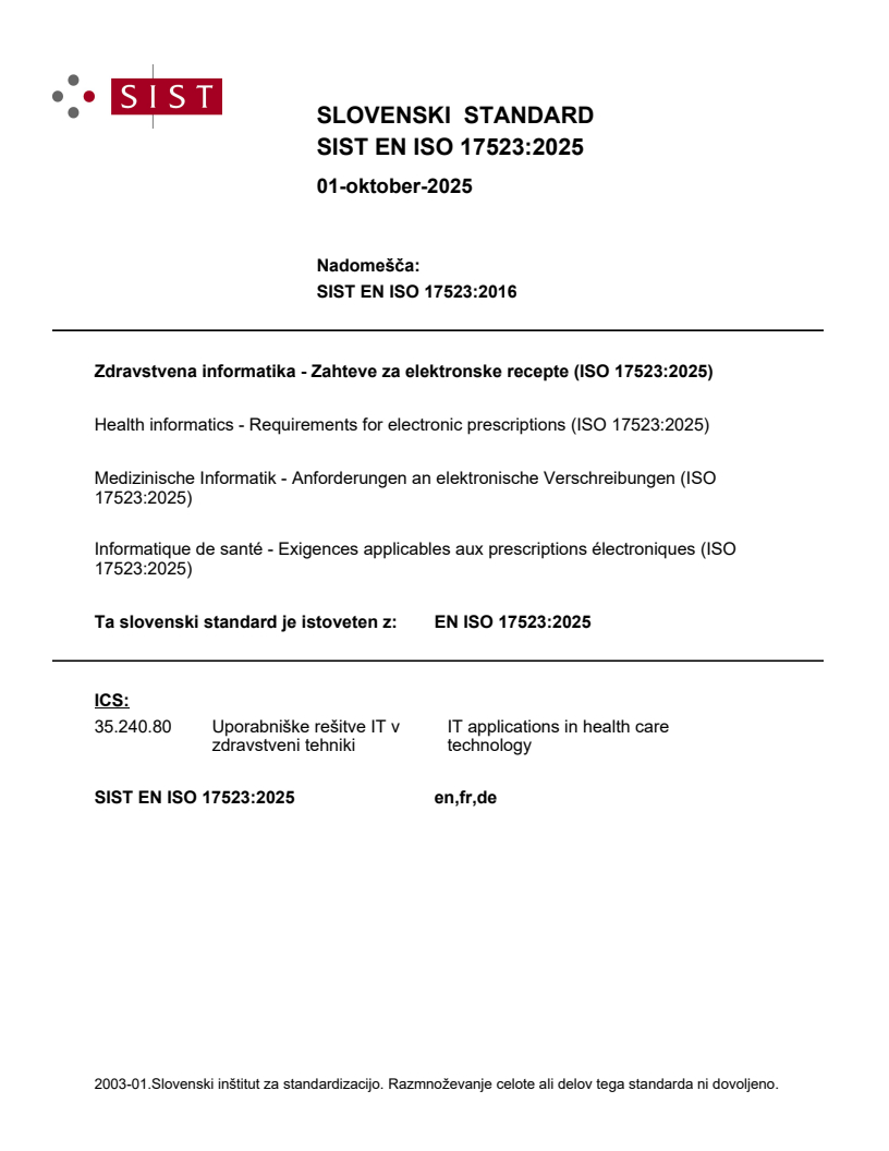 SIST EN ISO 17523:2025