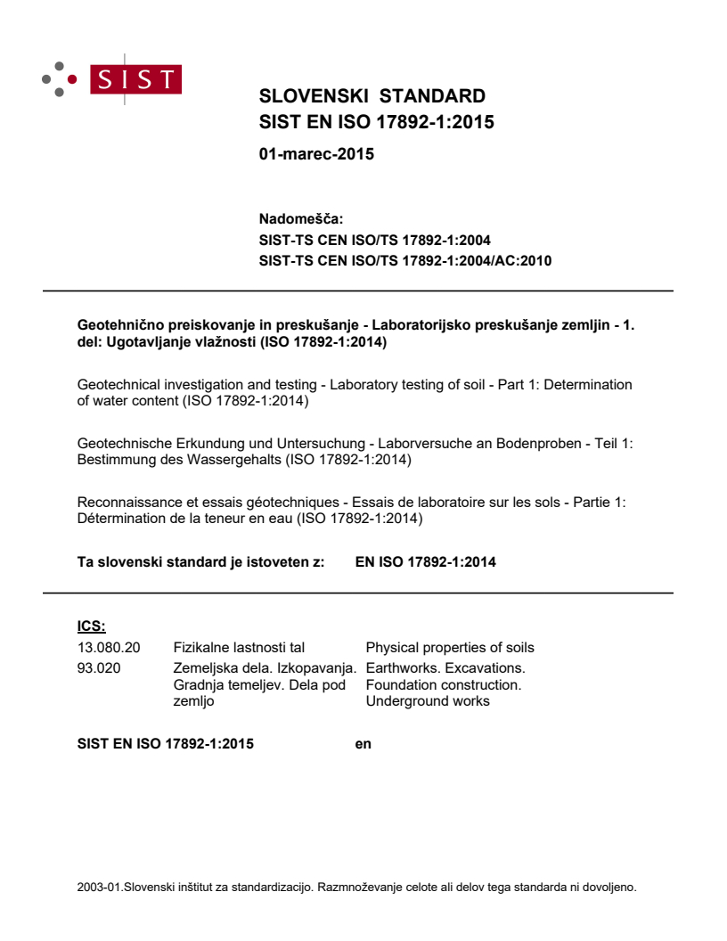 EN ISO 17892-1:2014 EN ISO 17892-1:2015 - Page 1 preview