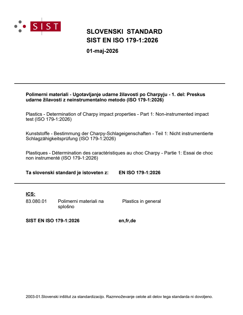 SIST EN ISO 179-1:2026 SIST EN ISO 179-1:2026 - Page 1 preview