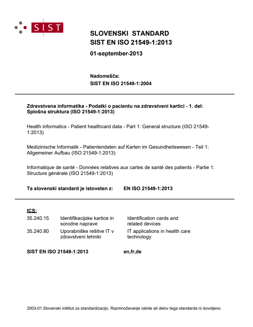 EN ISO 21549-1:2013 EN ISO 21549-1:2013 - Page 1 preview