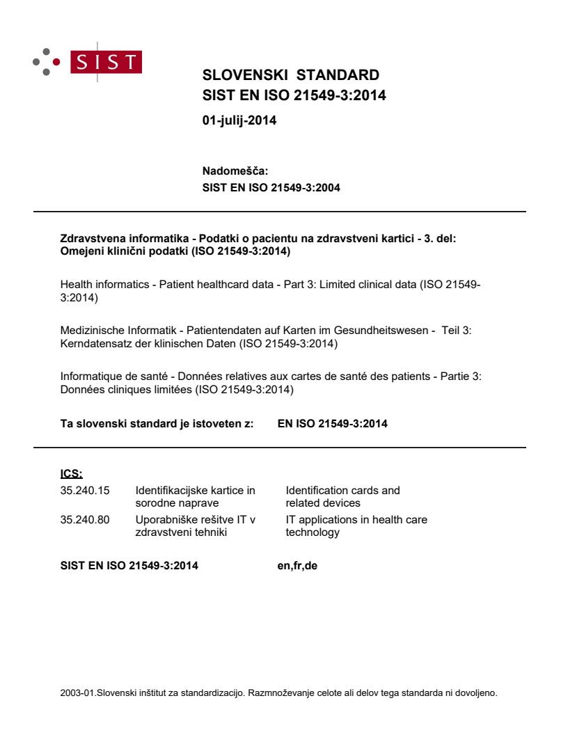 EN ISO 21549-3:2014 EN ISO 21549-3:2014 - Page 1 preview