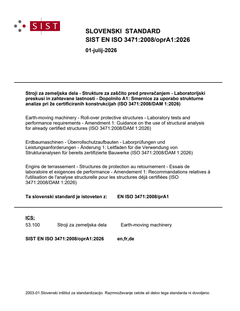 EN ISO 3471:2008/prA1 - Roll-over Protective Structures - Test
