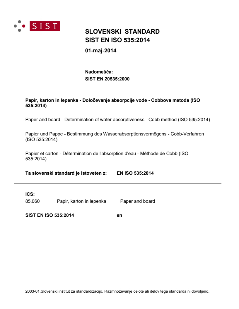 EN ISO 535:2014 EN ISO 535:2014 - Page 1 preview