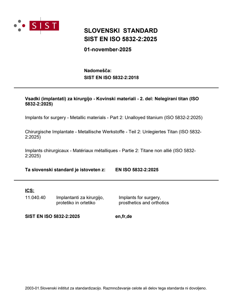 SIST EN ISO 5832-2:2025