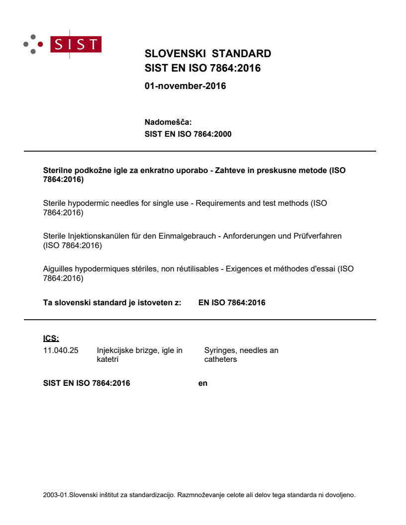 SIST EN ISO 7864:2016 SIST EN ISO 7864:2016 - BARVE - Page 1 preview