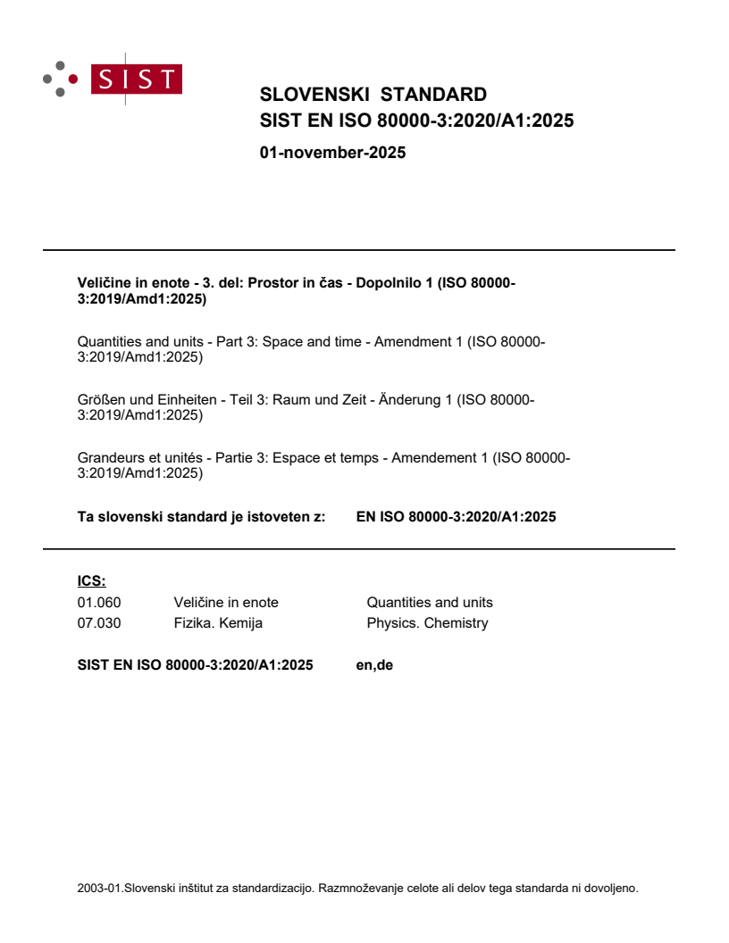 SIST EN ISO 80000-3:2020/A1:2025