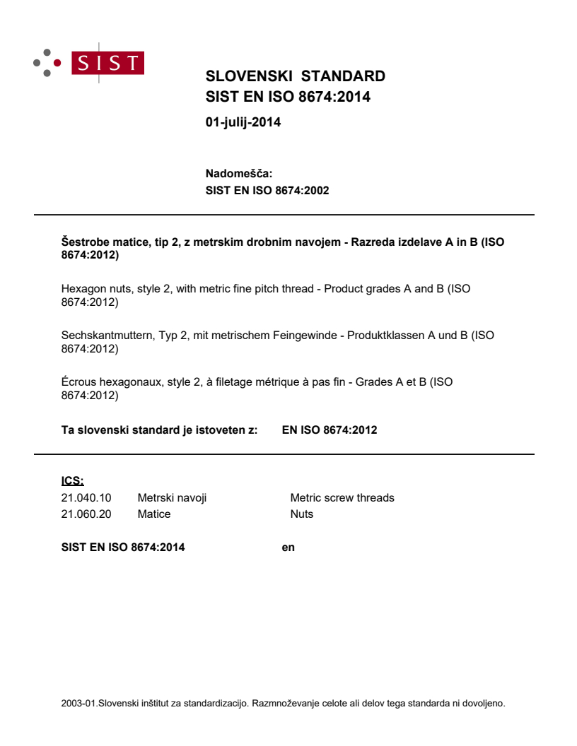 EN ISO 8674:2012 EN ISO 8674:2014 - Page 1 preview