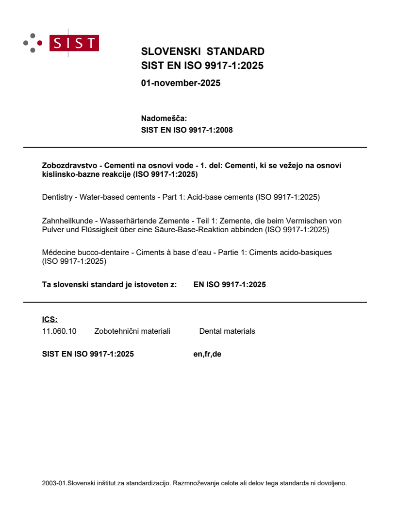 SIST EN ISO 9917-1:2025