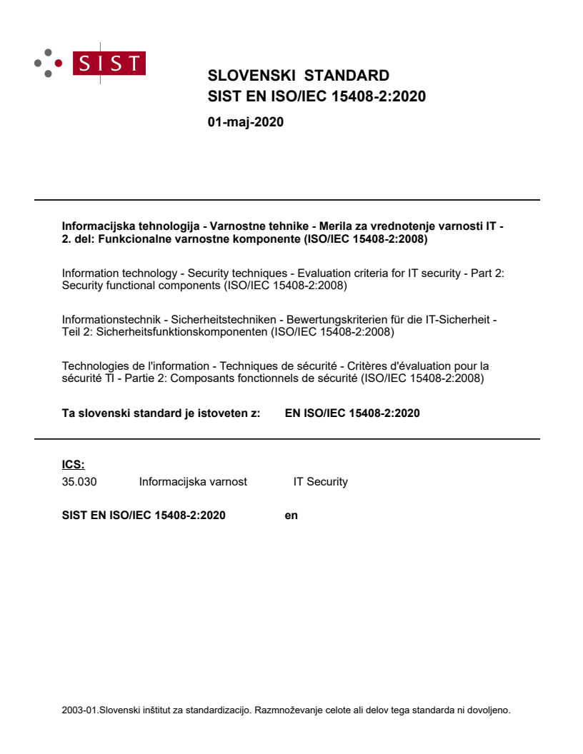 EN ISO/IEC 15408-2:2020 EN ISO/IEC 15408-2:2020 - Page 1 preview