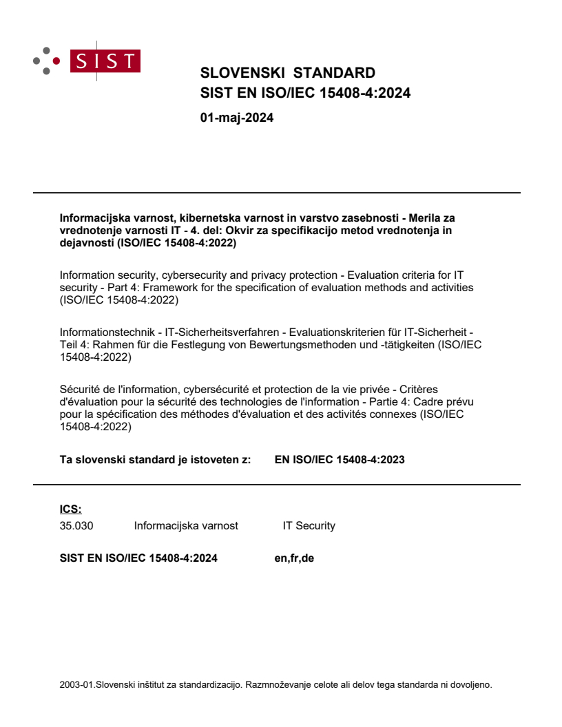 EN ISO/IEC 15408-4:2023 EN ISO/IEC 15408-4:2024 - Page 1 preview