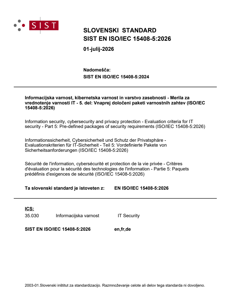 SIST EN ISO/IEC 15408-5:2026 SIST EN ISO/IEC 15408-5:2026 - Page 1 preview