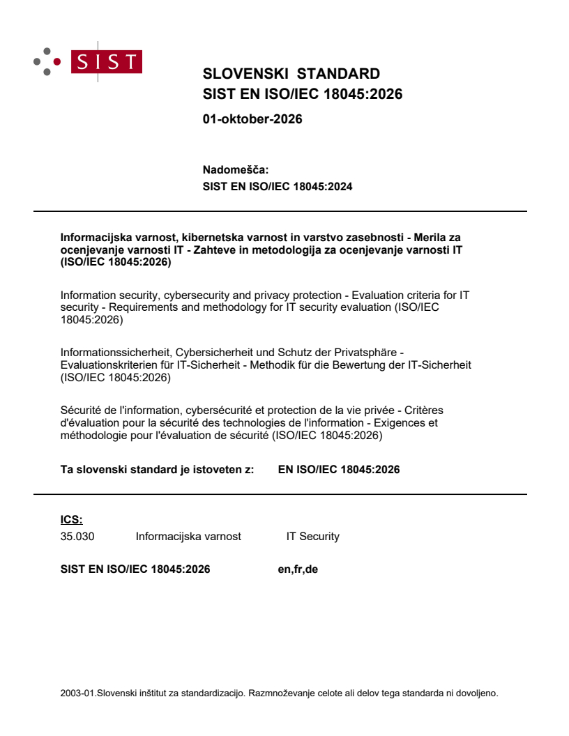 EN ISO/IEC 18045:2026 EN ISO/IEC 18045:2026 - Page 1 preview