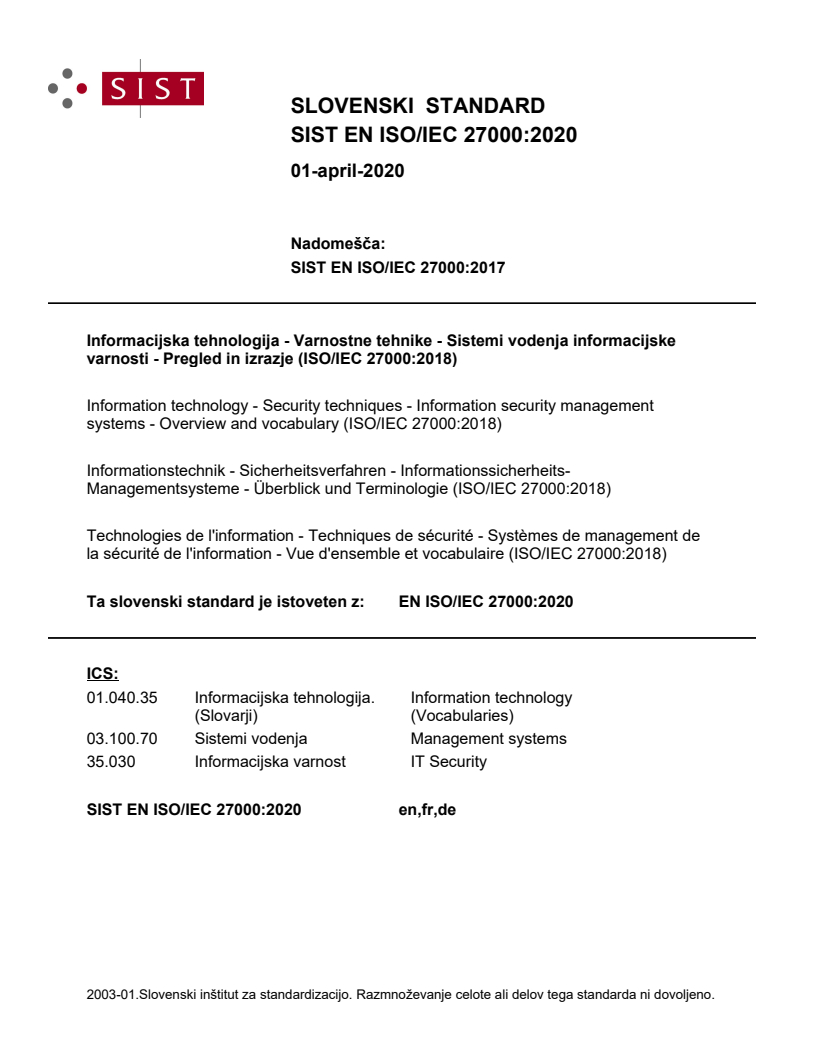 EN ISO/IEC 27000:2020 EN ISO/IEC 27000:2020 - Page 1 preview