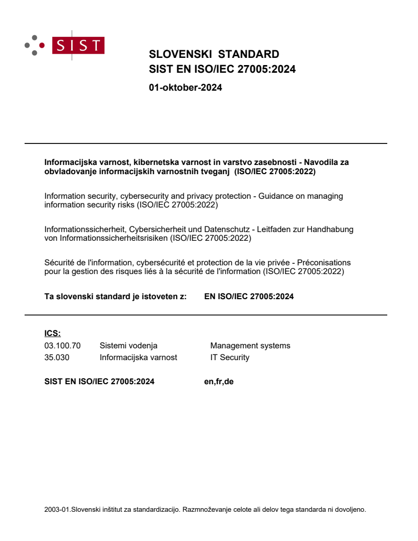 EN ISO/IEC 27005:2024 EN ISO/IEC 27005:2024 - Page 1 preview