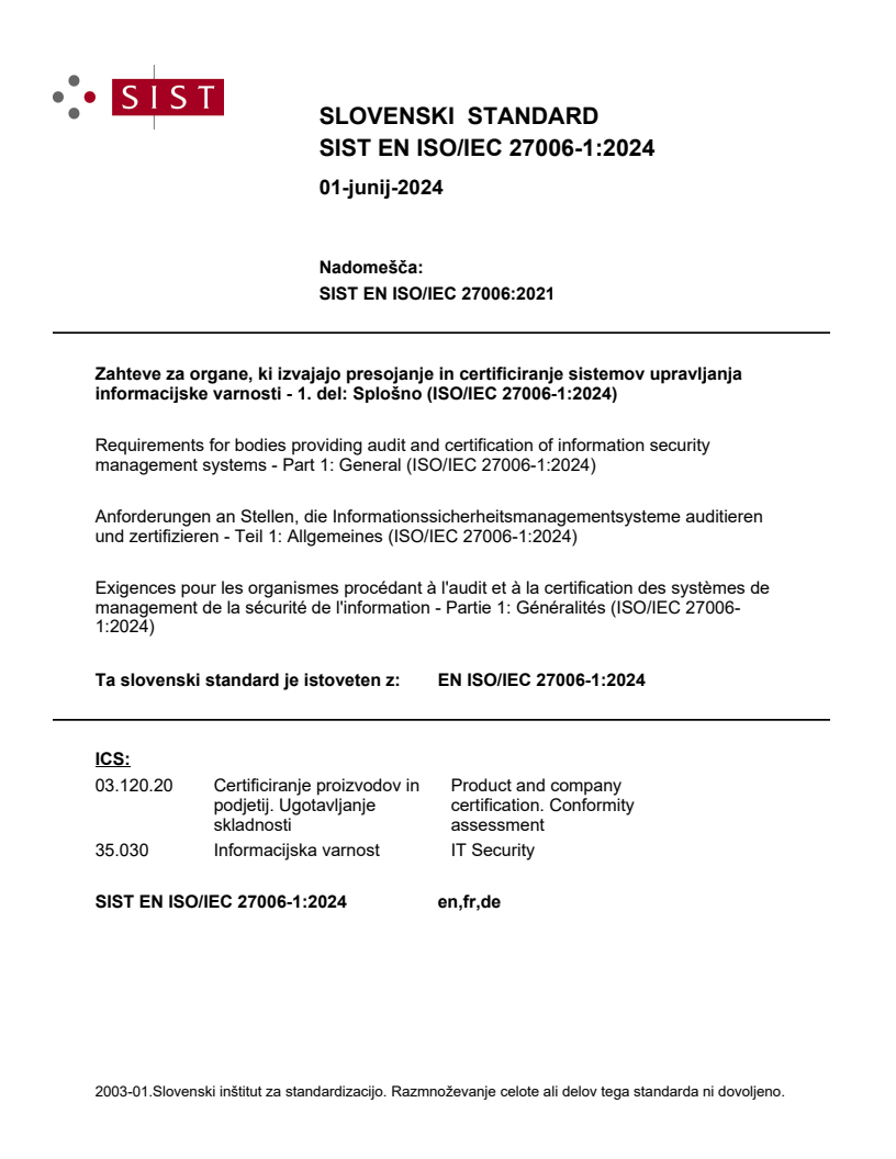 EN ISO/IEC 27006-1:2024 EN ISO/IEC 27006-1:2024 - Page 1 preview
