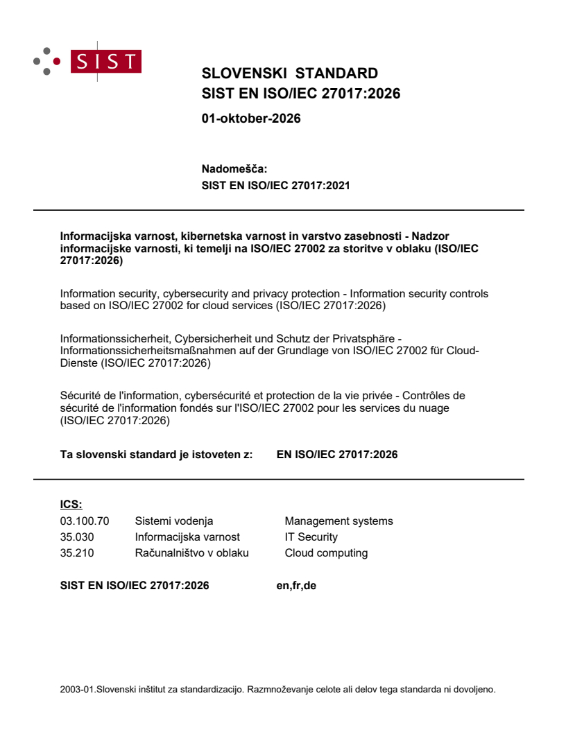 EN ISO/IEC 27017:2026 EN ISO/IEC 27017:2026 - Page 1 preview