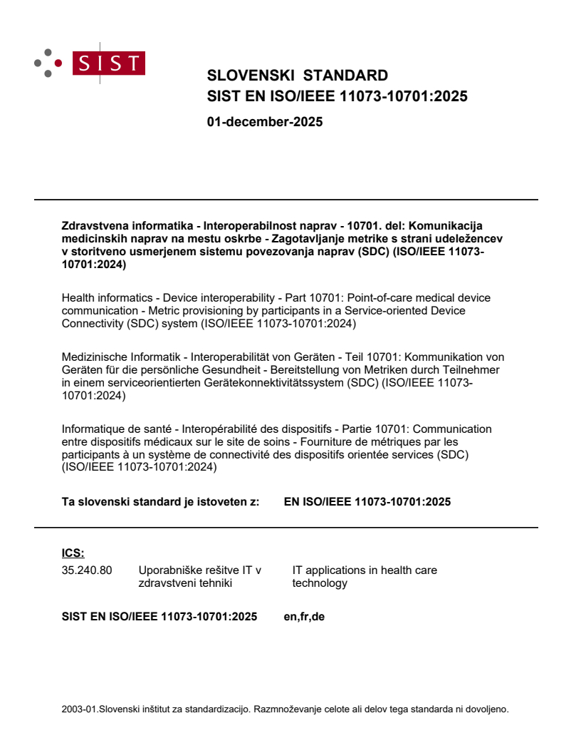 SIST EN ISO/IEEE 11073-10701:2025