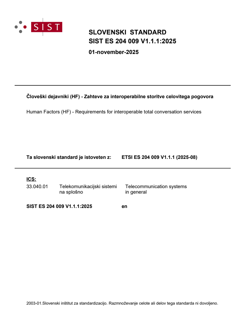 SIST ES 204 009 V1.1.1:2025 - BARVE
