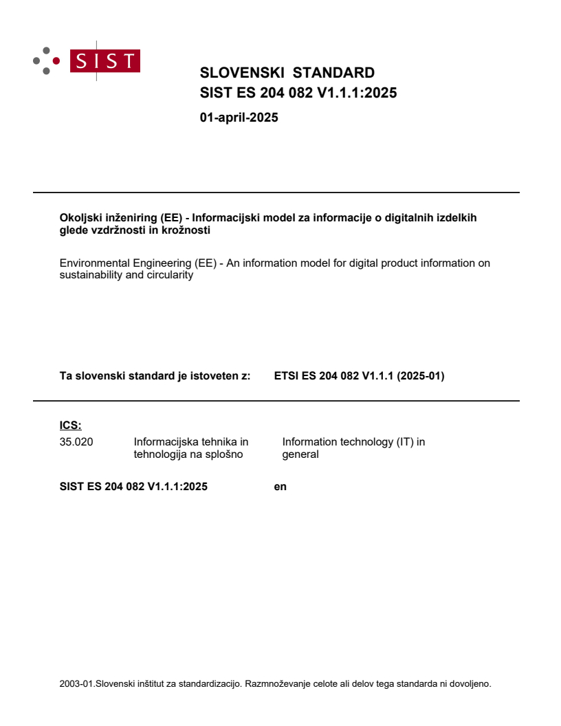 SIST ES 204 082 V1.1.1:2025 SIST ES 204 082 V1.1.1:2025 - Page 1 preview
