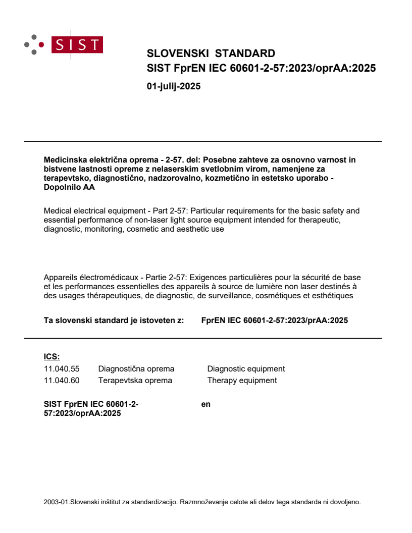 FprEN IEC 60601-2-57:2023/oprAA:2025