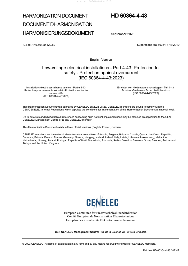 SIST HD 60364-4-43:2023 SIST HD 60364-4-43:2023