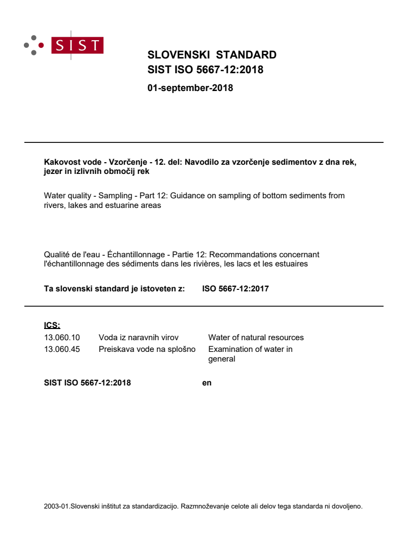 SIST ISO 5667-12:2018 SIST ISO 5667-12:2018 - BARVE - Page 1 preview