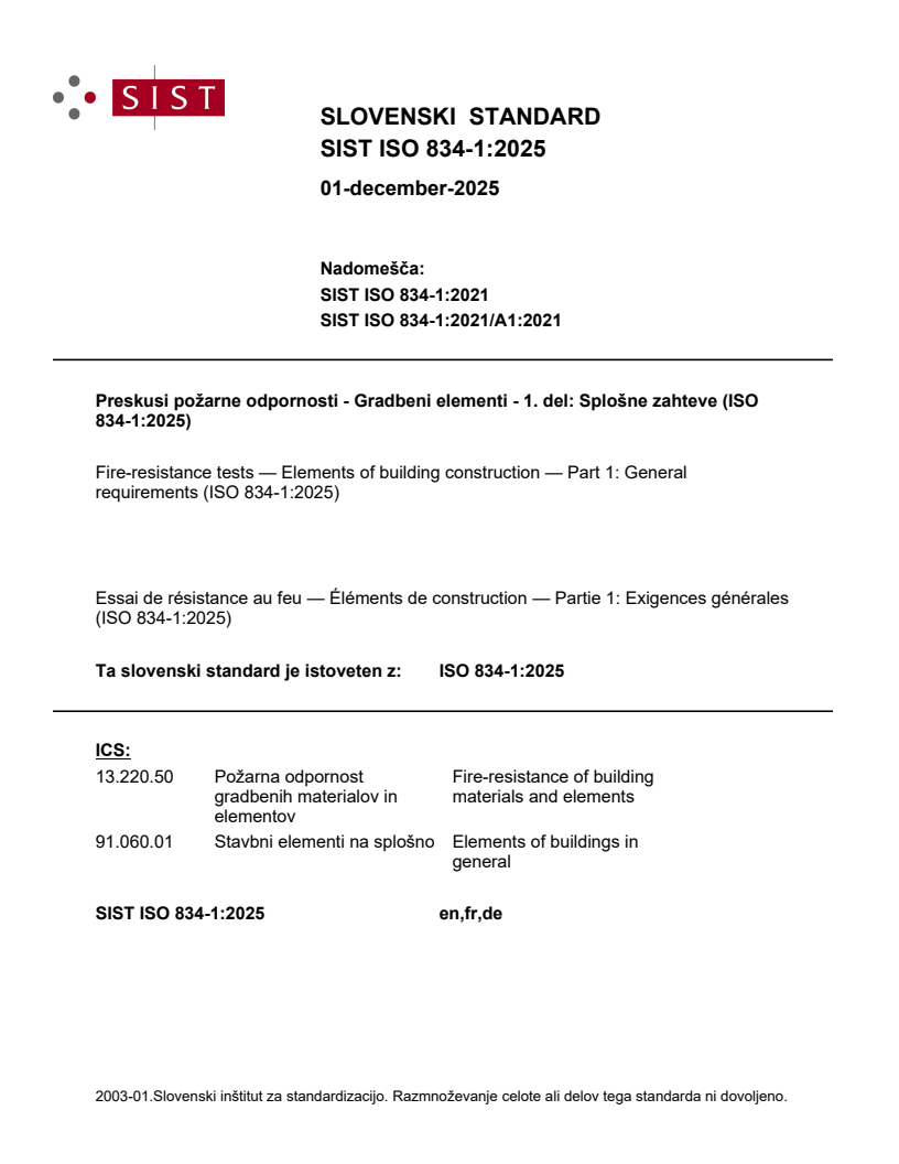 SIST ISO 834-1:2025
