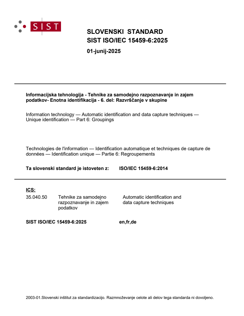 ISO/IEC 15459-6:2014 ISO/IEC 15459-6:2025 - Page 1 preview