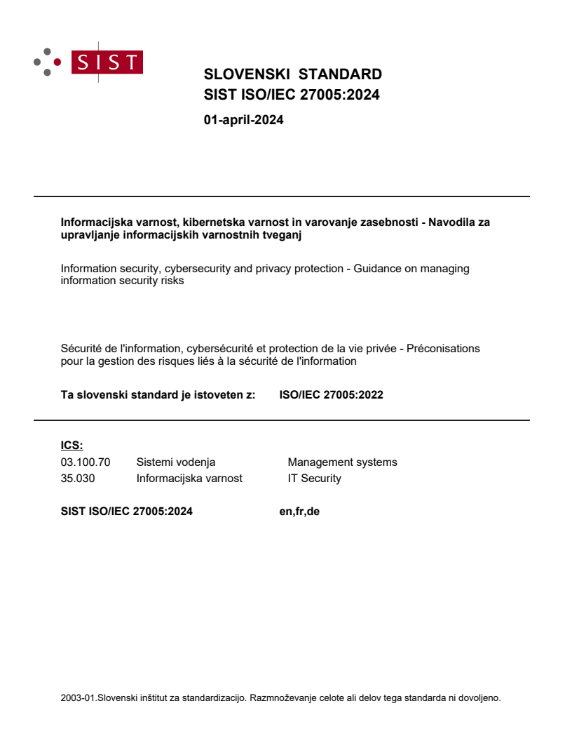 SIST ISO/IEC 27005:2024 SIST ISO/IEC 27005:2024 - Page 1 preview
