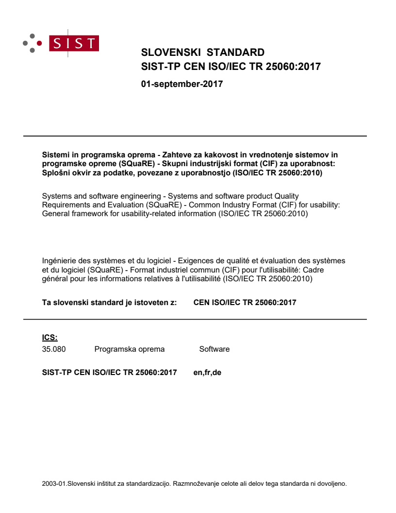 CEN ISO/IEC TR 25060:2017 TP CEN ISO/IEC TR 25060:2017 - Page 1 preview