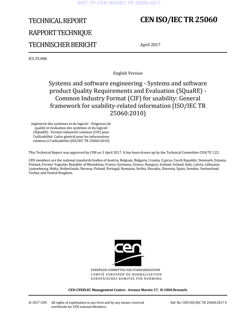 CEN ISO/IEC TR 25060:2017 TP CEN ISO/IEC TR 25060:2017 - Page 3 preview
