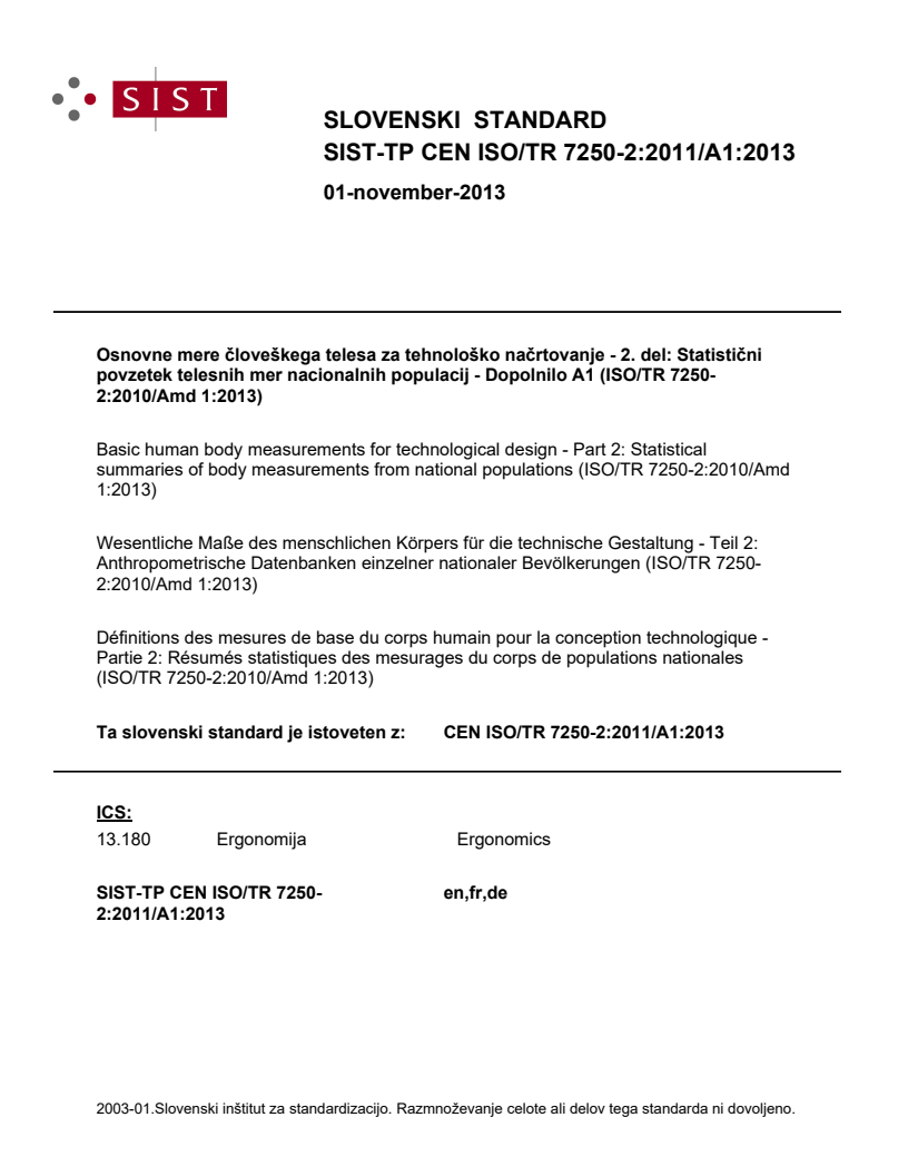CEN ISO/TR 7250-2:2011/A1:2013 TP CEN ISO/TR 7250-2:2011/A1:2013 - Page 1 preview