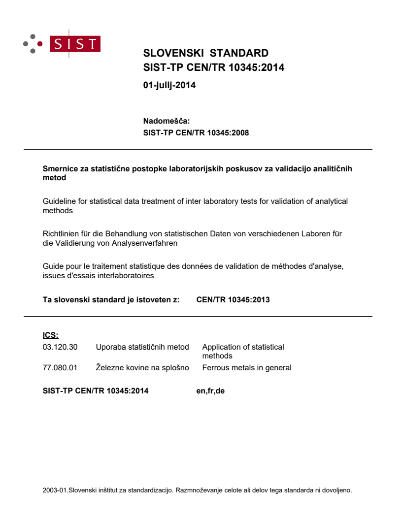 CEN/TR 10345:2013 TP CEN/TR 10345:2014 - BARVE - Page 1 preview