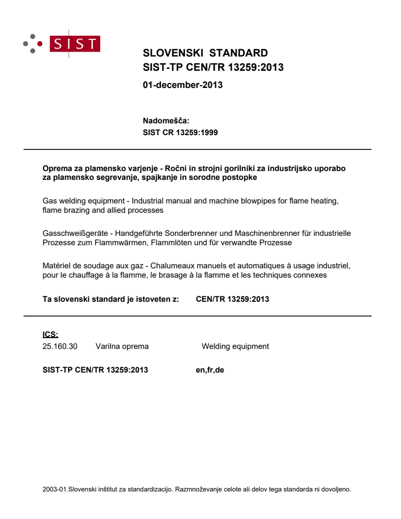 CEN/TR 13259:2013 TP CEN/TR 13259:2013 - Page 1 preview