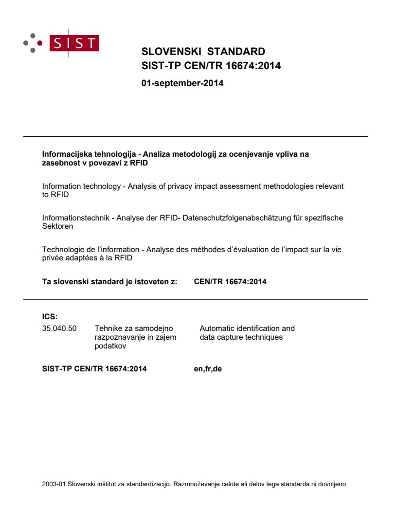 CEN/TR 16674:2014 TP CEN/TR 16674:2014 - BARVE - Page 1 preview