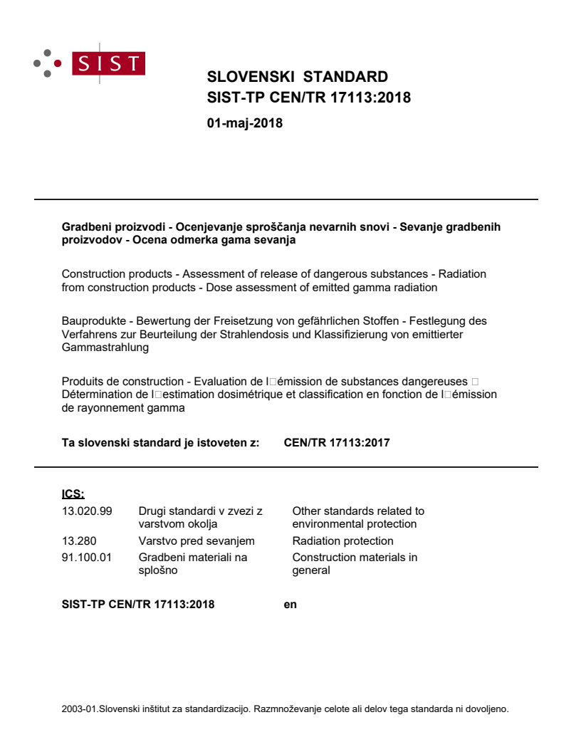CEN/TR 17113:2017 TP CEN/TR 17113:2018 - BARVE - Page 1 preview