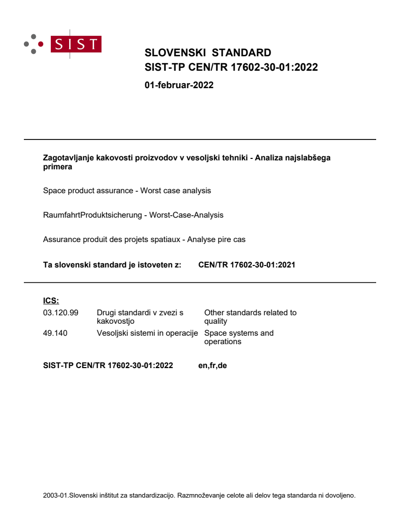 CEN/TR 17602-30-01:2021 TP CEN/TR 17602-30-01:2022 - Page 1 preview
