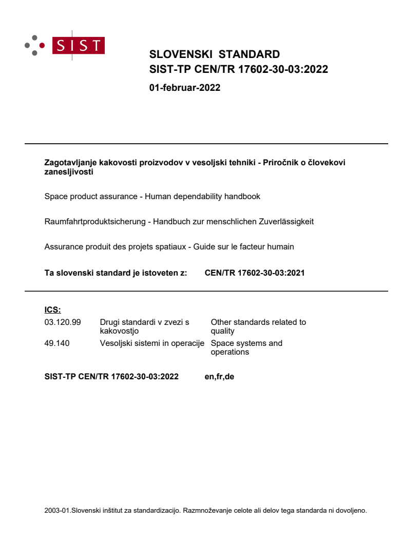 CEN/TR 17602-30-03:2021 TP CEN/TR 17602-30-03:2022 - BARVE - Page 1 preview