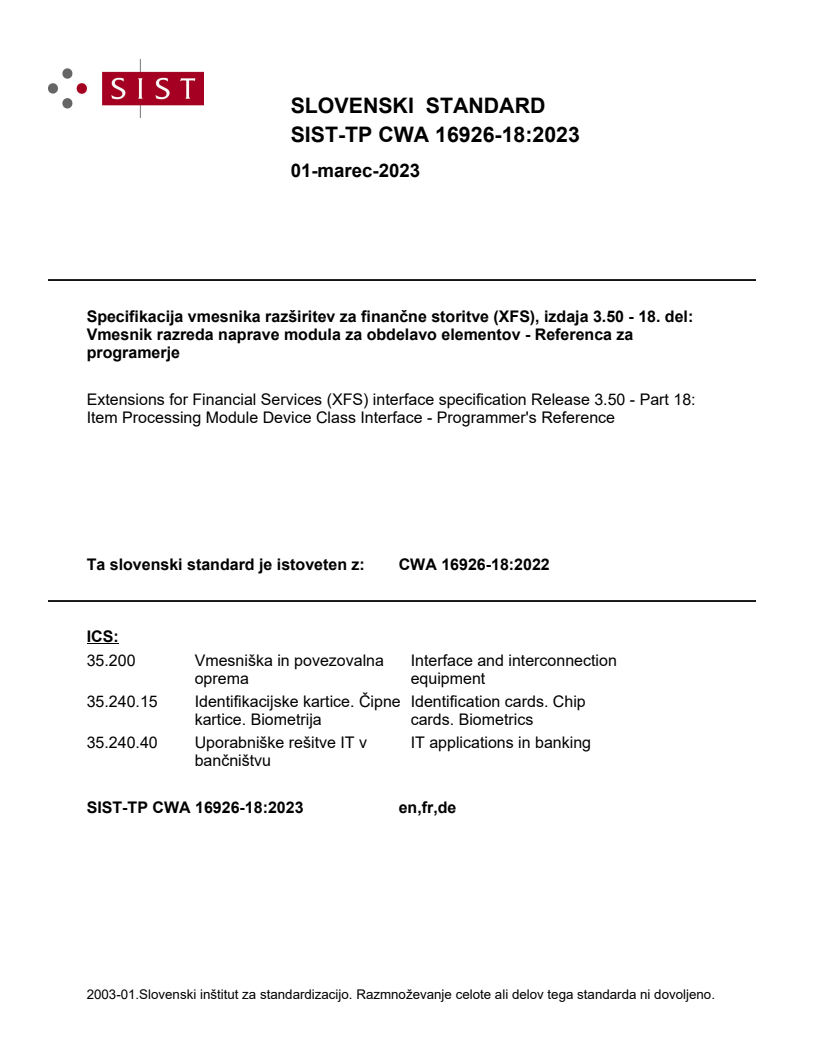CWA 16926-18:2022 TP CWA 16926-18:2023 - Page 1 preview