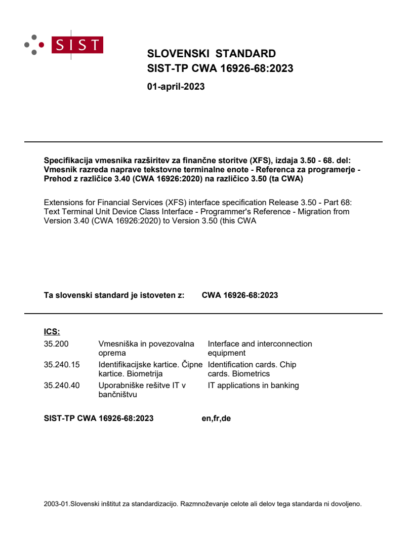 CWA 16926-68:2023 TP CWA 16926-68:2023 - Page 1 preview