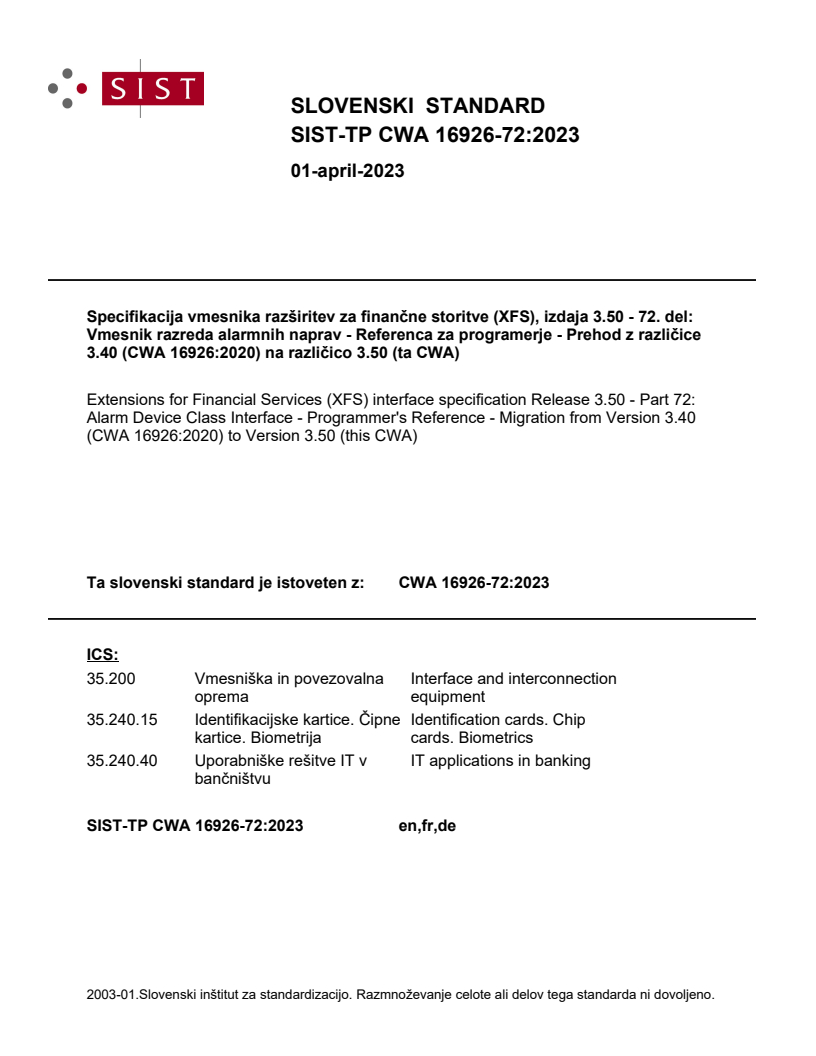 CWA 16926-72:2023 TP CWA 16926-72:2023 - Page 1 preview