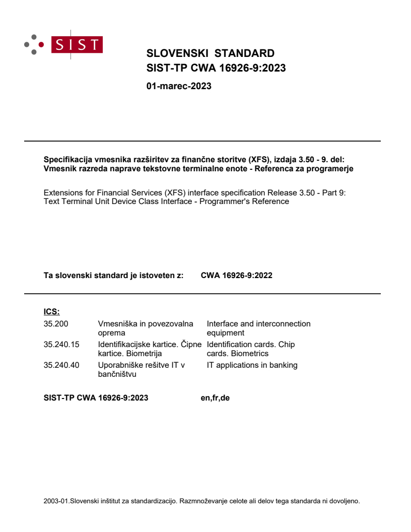 CWA 16926-9:2022 TP CWA 16926-9:2023 - Page 1 preview