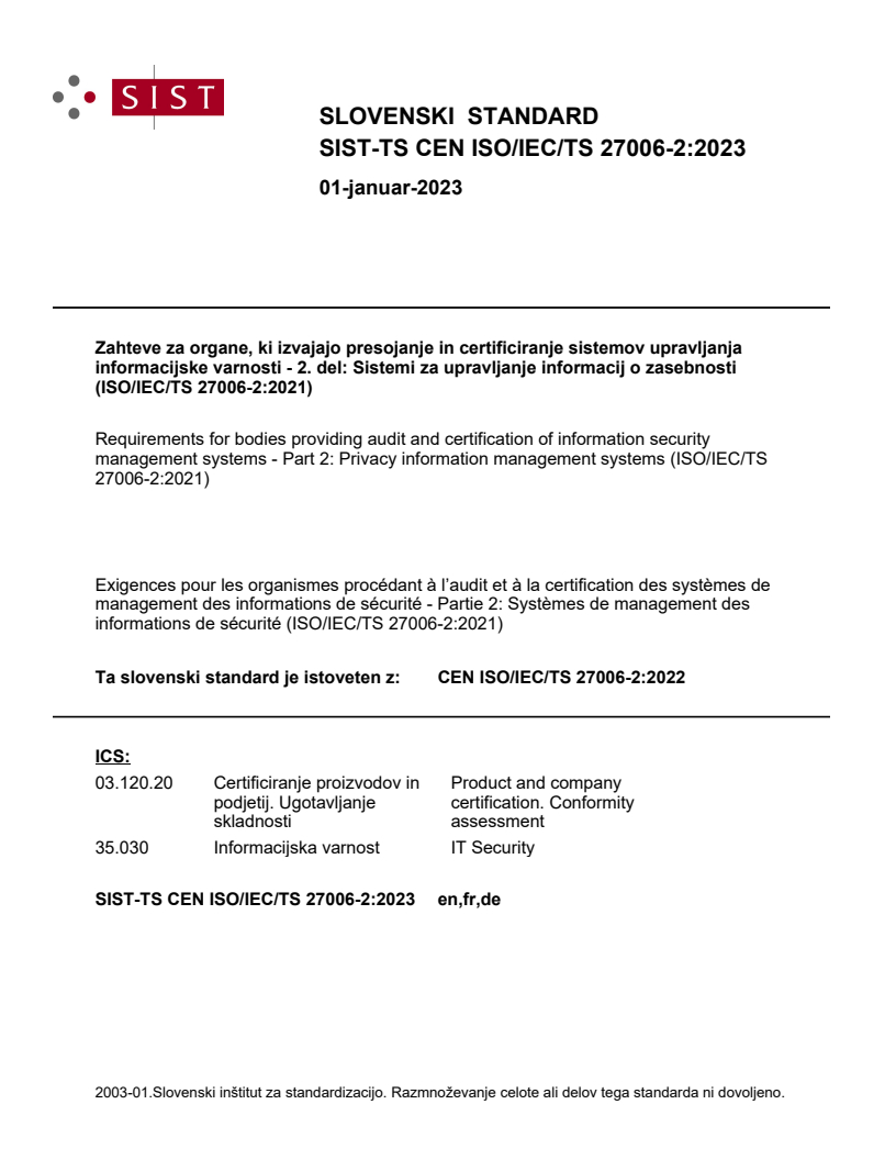 CEN ISO/IEC/TS 27006-2:2022 TS CEN ISO/IEC/TS 27006-2:2023 - Page 1 preview