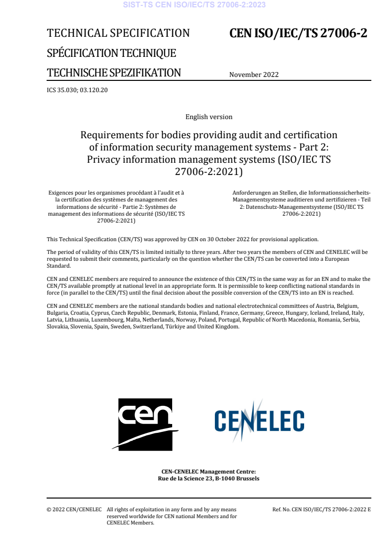 CEN ISO/IEC/TS 27006-2:2022 TS CEN ISO/IEC/TS 27006-2:2023 - Page 3 preview