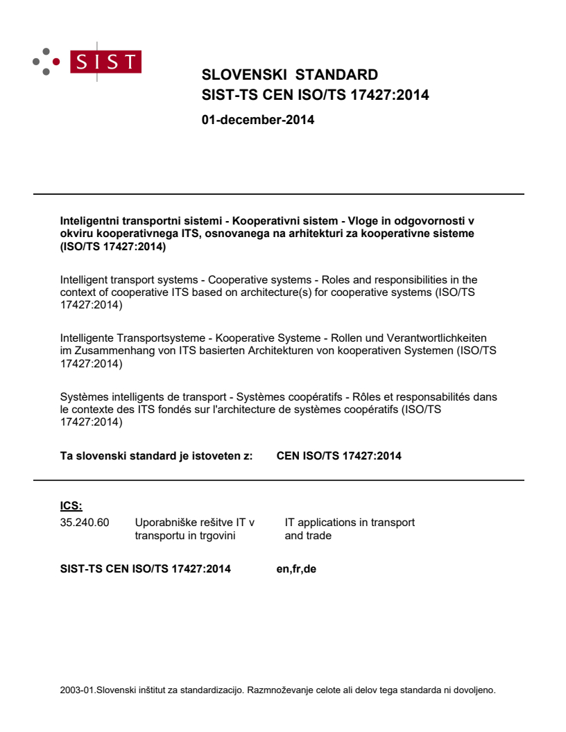 CEN ISO/TS 17427:2014 TS CEN ISO/TS 17427:2014 - BARVE - Page 1 preview