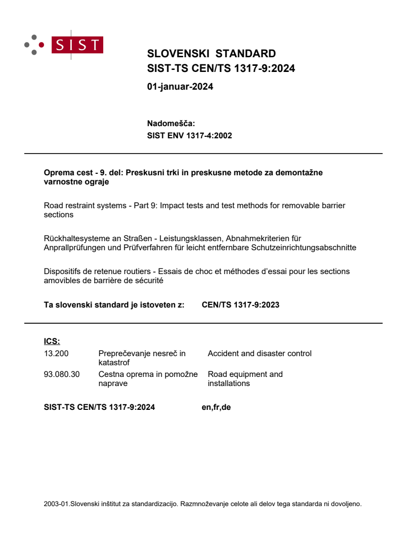 CEN/TS 1317-9:2023 TS CEN/TS 1317-9:2024 - Page 1 preview