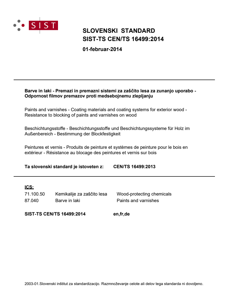 CEN/TS 16499:2013 TS CEN/TS 16499:2014 - BARVE - Page 1 preview