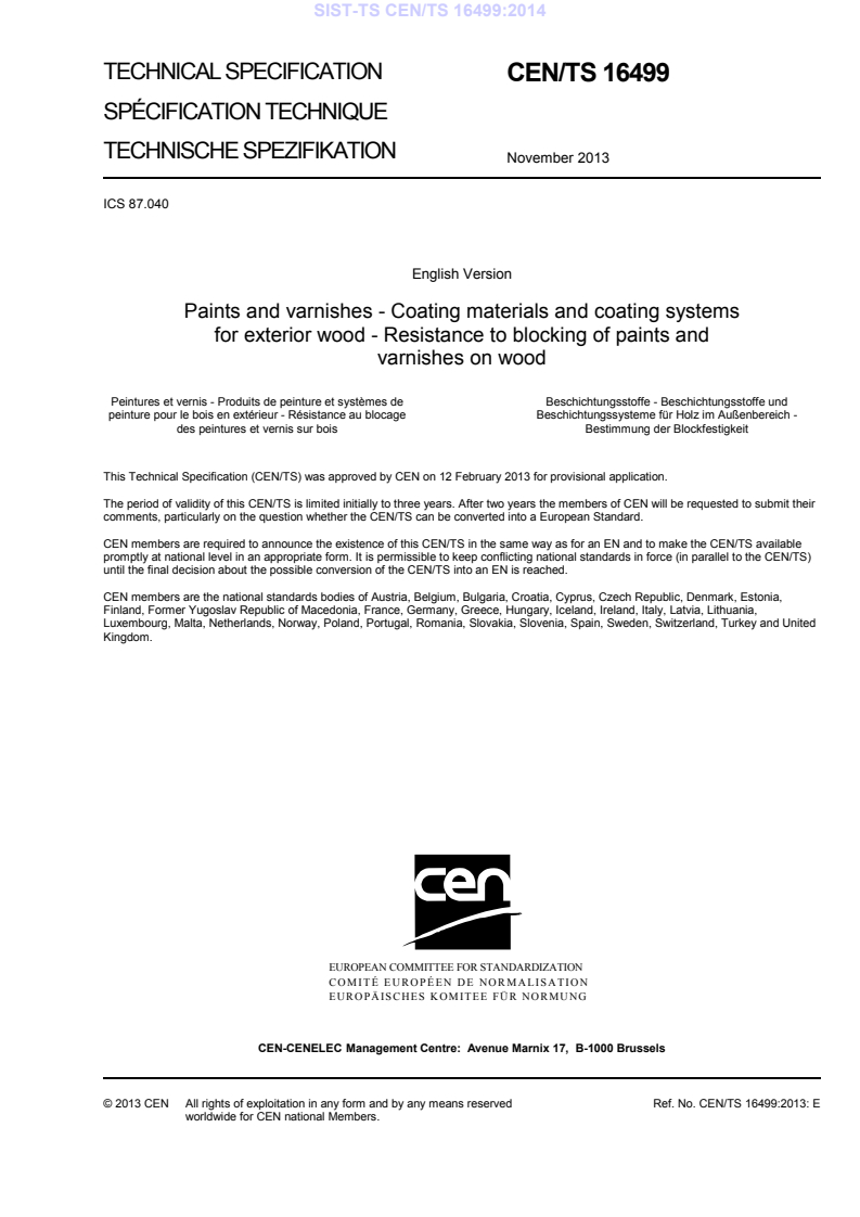 CEN/TS 16499:2013 TS CEN/TS 16499:2014 - BARVE - Page 3 preview