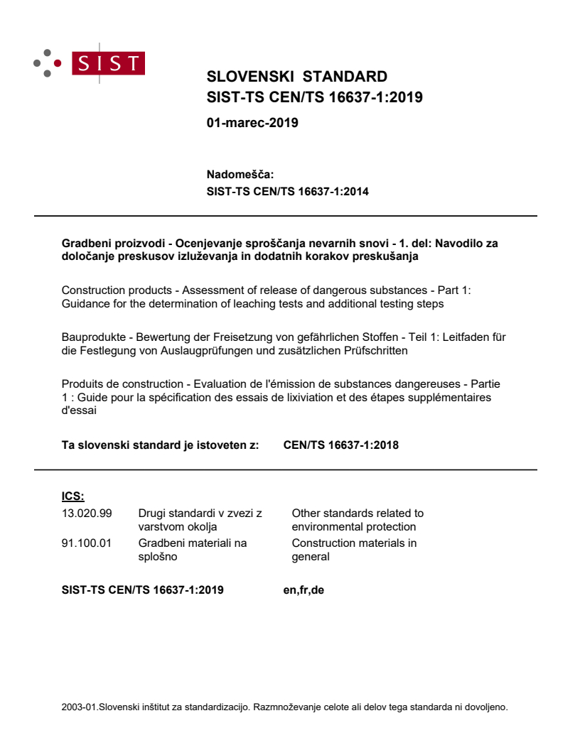 CEN/TS 16637-1:2018 TS CEN/TS 16637-1:2019 - Page 1 preview