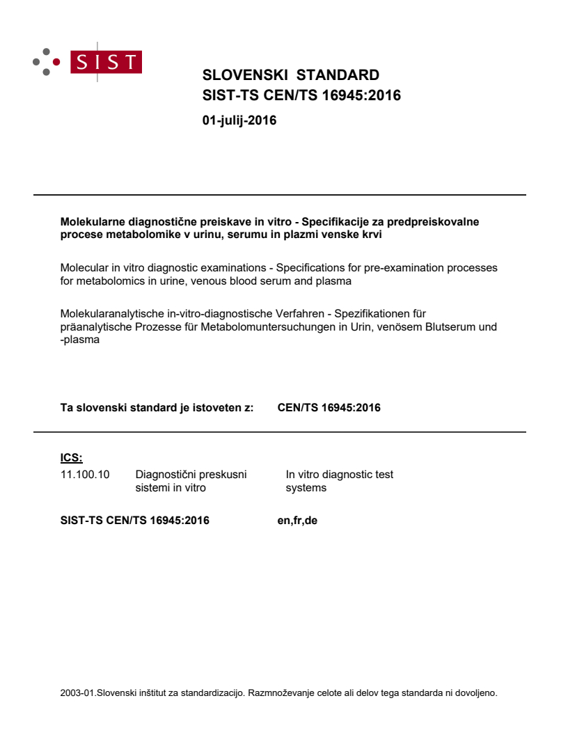 CEN/TS 16945:2016 TS CEN/TS 16945:2016 - BARVE - Page 1 preview